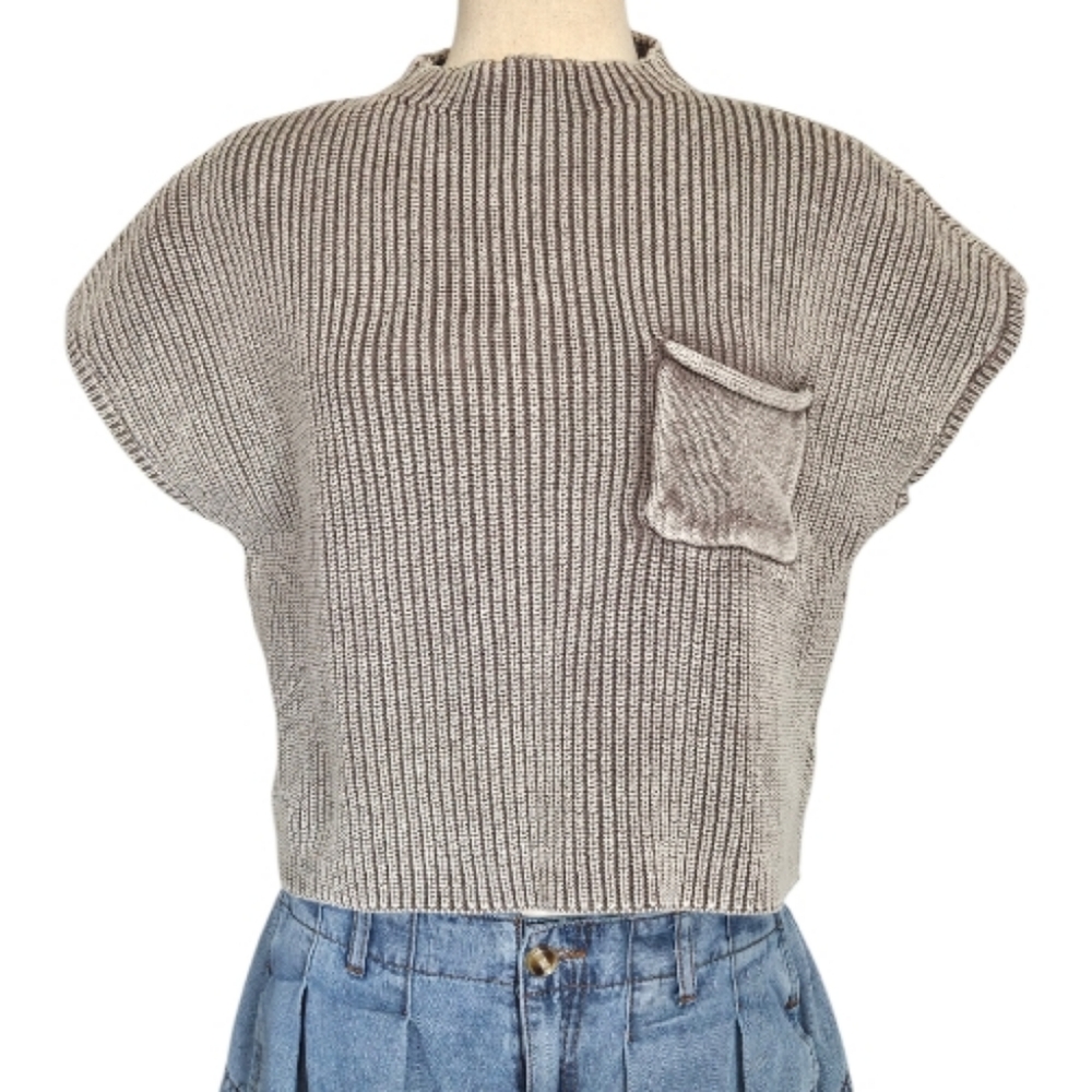 Zenana Ribbed Knit Sweater Vest Tan Taupe Large XL Cropped Cotton Top NWT